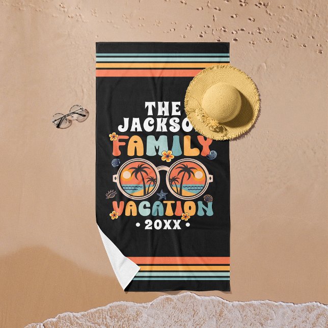 Palm trees sunglasses retro family vacation groovy beach towel (Creator Uploaded)