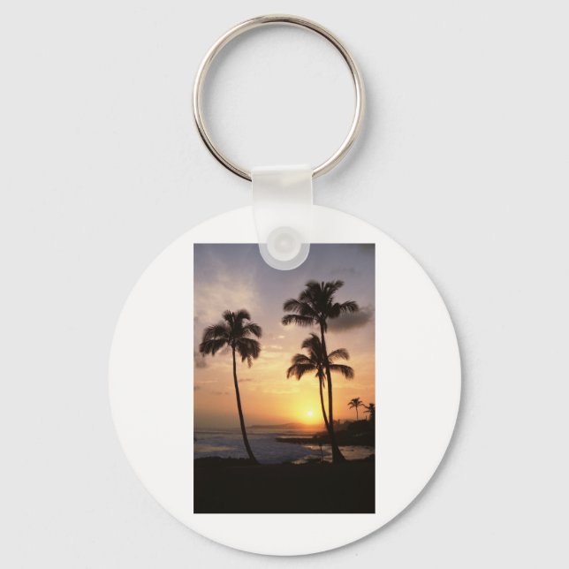 Palm Trees, Sunset, Beach, Hawaii Key Ring (Front)