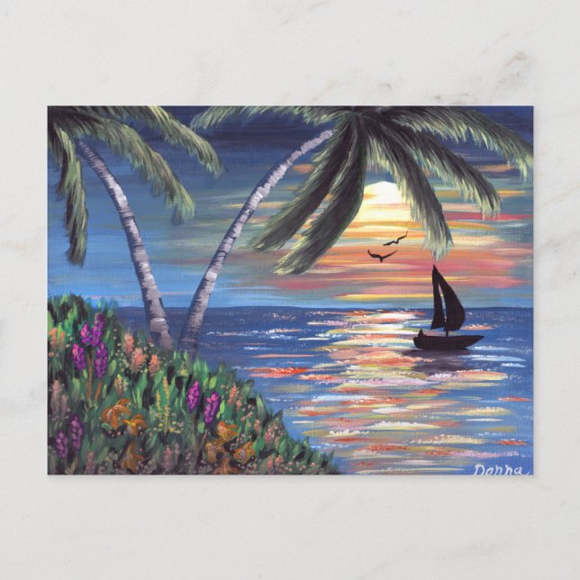 Palm Trees Sunset Ocean Painting Postcard (Front)