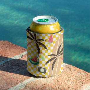 Palm Trees Surfboard Chequered Summer  Can Cooler