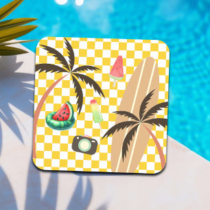 Palm Trees Surfboard Chequered Summer Coaster
