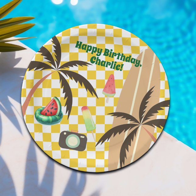 Palm Trees Surfboard Chequered Summer Party Paper Plate (Creator Uploaded)