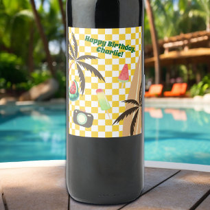 Palm Trees Surfboard Chequered Summer Party Wine Label