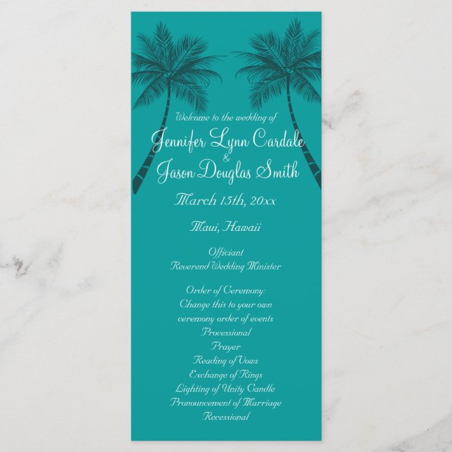 Palm Trees Teal Blue Beach Wedding Programs Programme (Front)