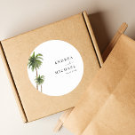 Palm Trees Tropical Beach Destination Wedding Classic Round Sticker<br><div class="desc">Celebrate your wedding with these pretty stickers,  featuring watercolor palm trees and your custom text. Easily add your own details by clicking on the "personalise" option.</div>