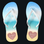 Palm Trees Tropical Beach Wedding Heart Bridesmaid Jandals<br><div class="desc">Personalised, trendy rose gold heart beach wedding flip flop sandals for bridesmaids and other members of the bridal party- Background is a tropical beach scene with a palm trees against a pretty blue sky and full sunlight with aqua turquoise water and sandy beach. Faux foil, rose gold heart design at...</div>