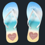 Palm Trees Tropical Beach Wedding Heart Bridesmaid Jandals<br><div class="desc">Personalised, trendy rose gold heart beach wedding flip flop sandals for bridesmaids and other members of the bridal party- Background is a tropical beach scene with a palm trees against a pretty blue sky and full sunlight with aqua turquoise water and sandy beach. Faux foil, rose gold heart design at...</div>