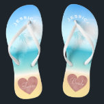Palm Trees Tropical Beach Wedding Team Bride Heart Jandals<br><div class="desc">Personalised, trendy rose gold heart beach wedding flip flop sandals- Background is a tropical beach scene with a palm trees against a pretty blue sky and full sunlight with aqua turquoise water and sandy beach. Faux foil, rose gold heart design at bottom. Reads Team, then Bride, on other sandal in...</div>