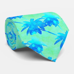 Palm Trees Tropical Pattern Bright Blue Green Tie