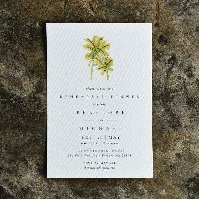 Palm Trees Tropical Watercolor Rehearsal Dinner Invitation (Watercolor palm trees rehearsal dinner invitation.)