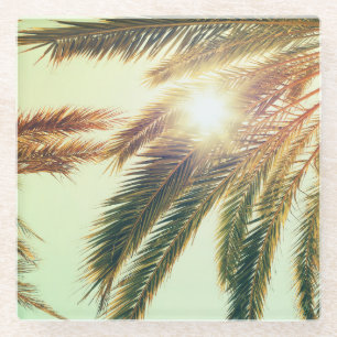 Palm Trees, Vintage Toned Sky. Glass Coaster