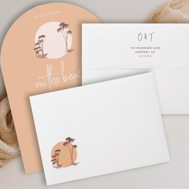 Palm Trees Warm Sand Sunset Pink Sun Beach Wedding Envelope (beach wedding envelope tropical palm trees sun modern calligraphy warm sand beige)