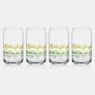 Palm Trees Watercolor Beach Tropical Wedding Can Glass