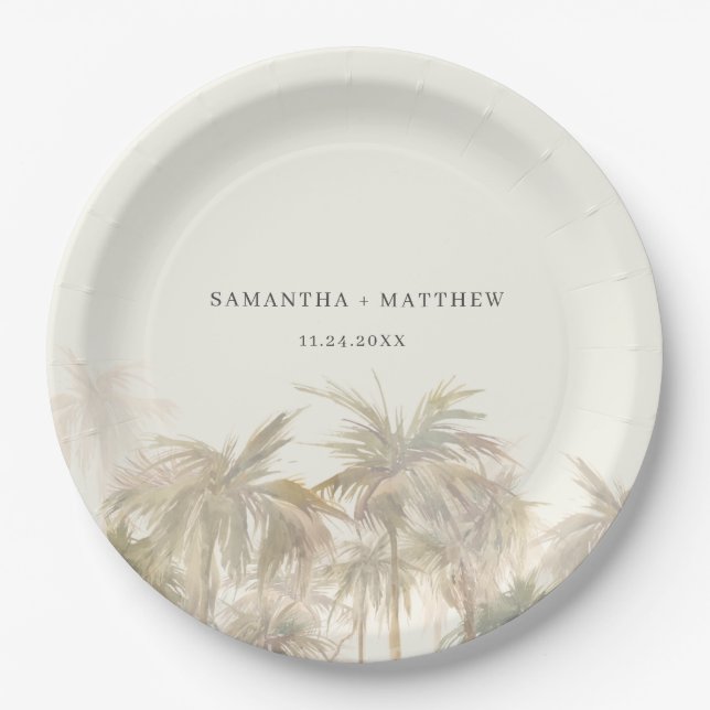 Palm Trees Watercolor Tan Coastal Wedding Paper Plate (Front)