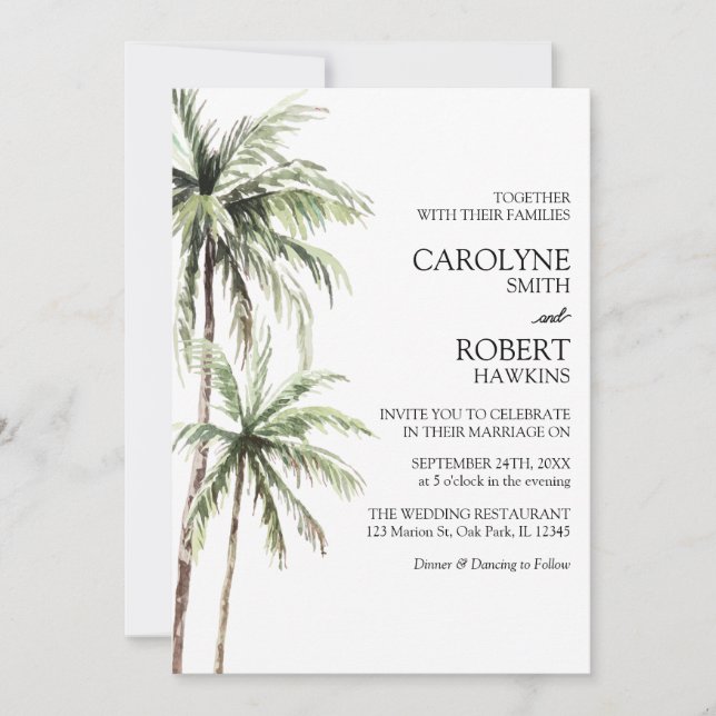 Palm Trees Watercolor Tropical All In One Wedding Invitation (Front)