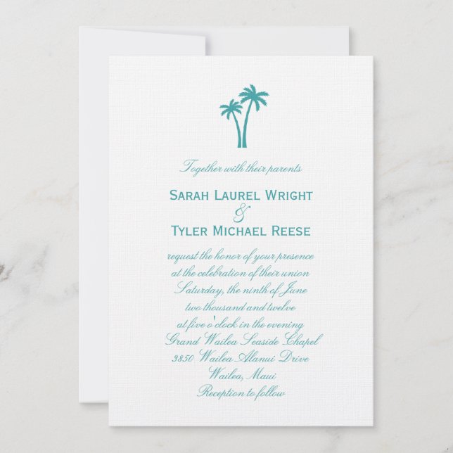 Palm Trees Wedding Invitation - White/Aqua (Front)