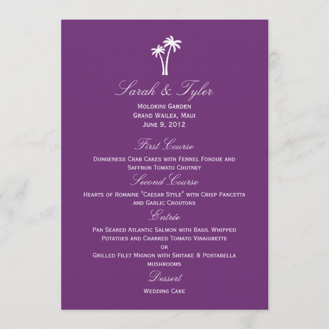 Palm Trees Wedding Menu Card - Purple (Front)
