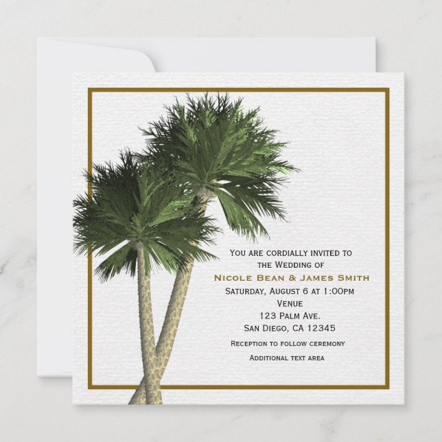 Palm Trees White & Gold Elegant Wedding Invitation (Front)