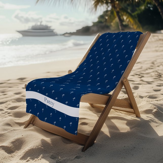 Palm Trees White on Navy Blue Beach Towel (Palm Trees Navy Beach Towel)
