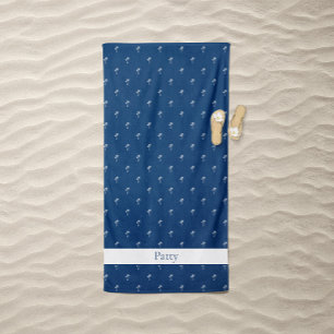 Palm Trees White on Navy Blue Beach Towel
