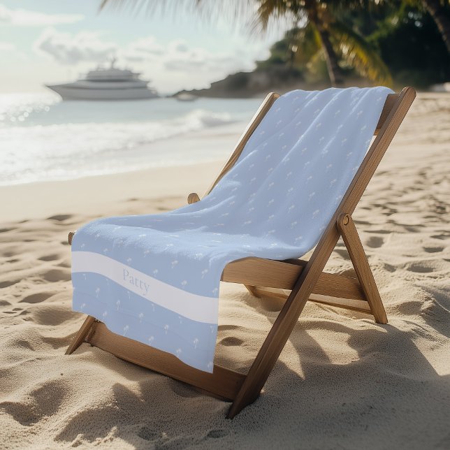 Palm Trees White on Sky Blue Beach Towel (Sky Blue Palm Trees Beach Towel)