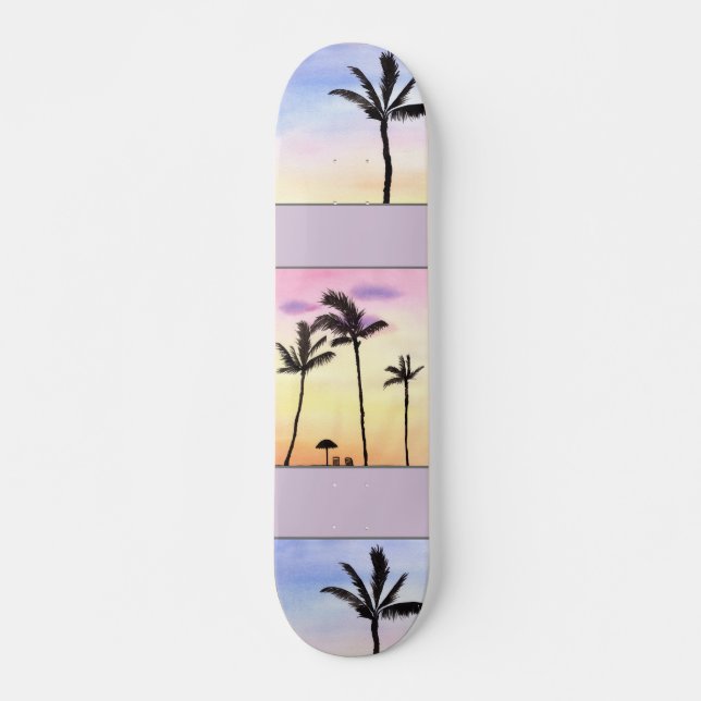 Palm Trees with sunrises in pastel Skateboard (Front)