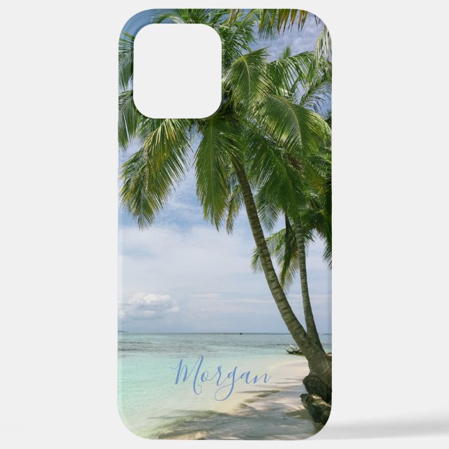 Palm Trees, Your Photo, Name Blue Script iPhone Case (Back)