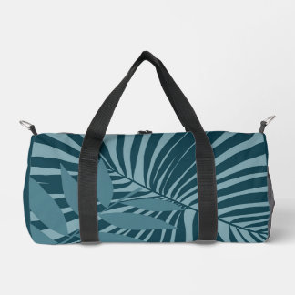 palm & tropical leaf abstract in blue green grey duffle bag
