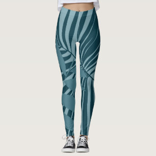 palm & tropical leaf abstract in blue green grey leggings