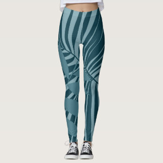 palm & tropical leaf abstract in blue green grey leggings
