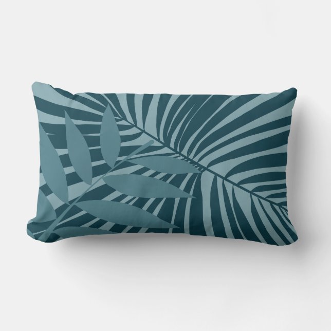 palm & tropical leaf abstract in blue green grey lumbar cushion (Front)