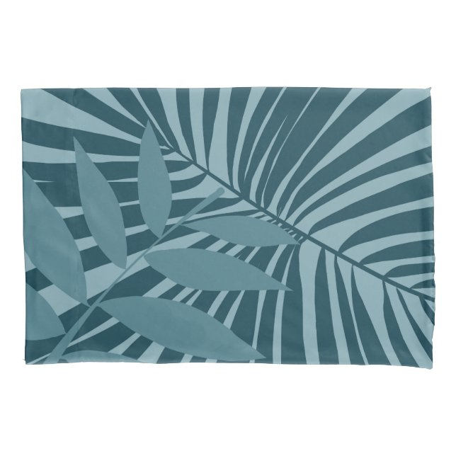 palm & tropical leaf abstract in blue green grey pillowcase (Front)