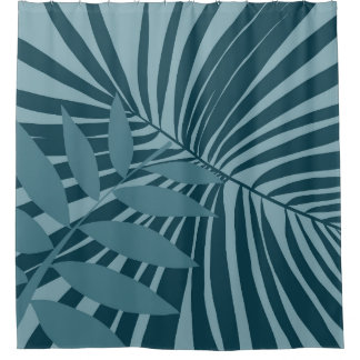 palm & tropical leaf abstract in blue green grey shower curtain
