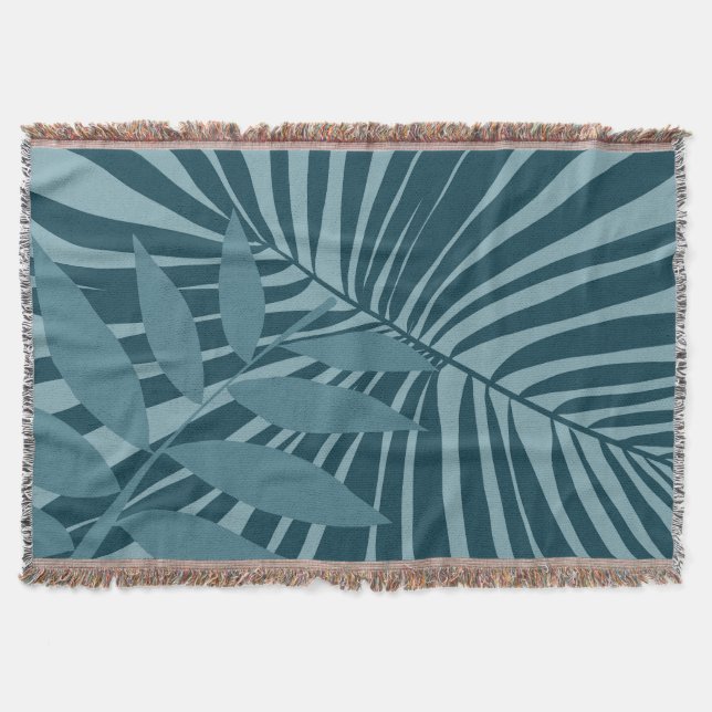 palm & tropical leaf abstract in blue green grey throw blanket (Front)