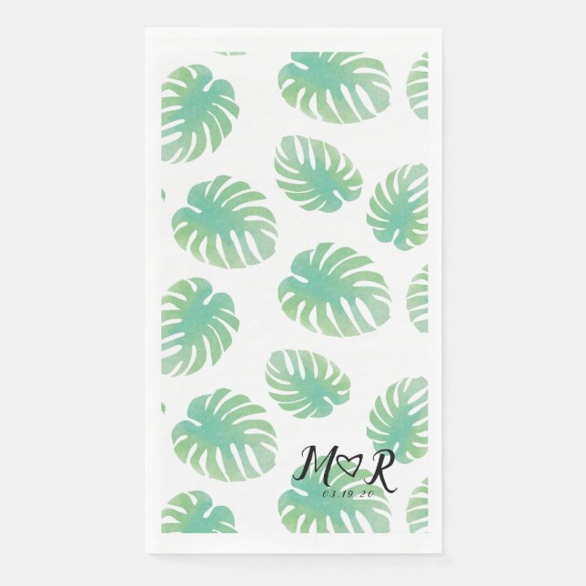 Palm Tropical Leaf  Wedding Logo   Green Napkin (Front)