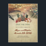 Palms and Pineapples Rustic Beach Save the Date Announcement Postcard<br><div class="desc">Tropical palm lights and pineapples rustic seaside save the date postcards</div>