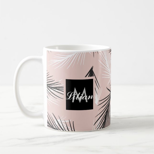 Palms Black White Earthy Tone Pink    Coffee Mug (Left)