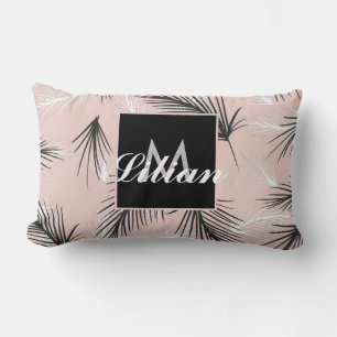 Palms Black White Earthy Tone Pink Monogrammed    Lumbar Cushion