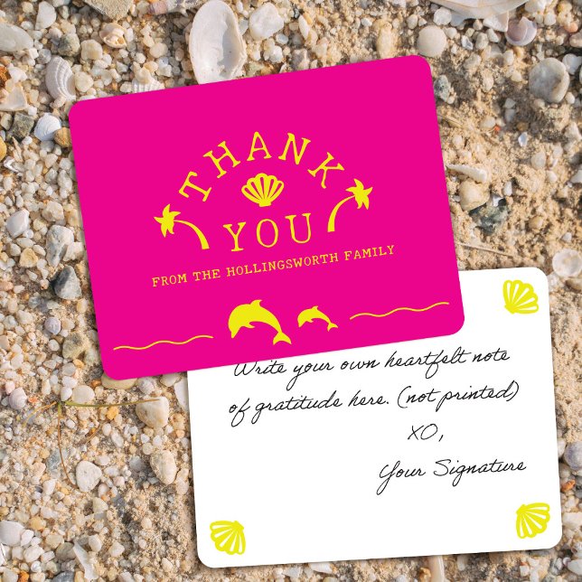 Palms & Dolphins Pink & Yellow Personalised Thank You Card (Creator Uploaded)