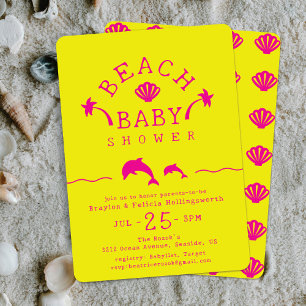 Palms & Dolphins Yellow & Pink Beach Baby Shower Invitation