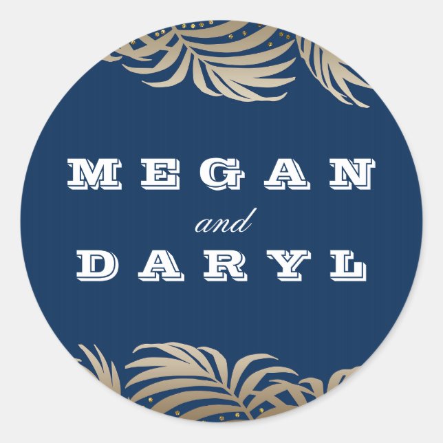 Palms Leaf Navy and Gold Beach Wedding Classic Round Sticker (Front)