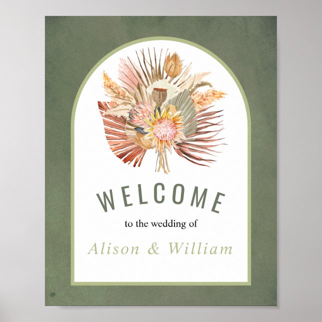 Palms, pampas grass green welcome wedding poster (Front)