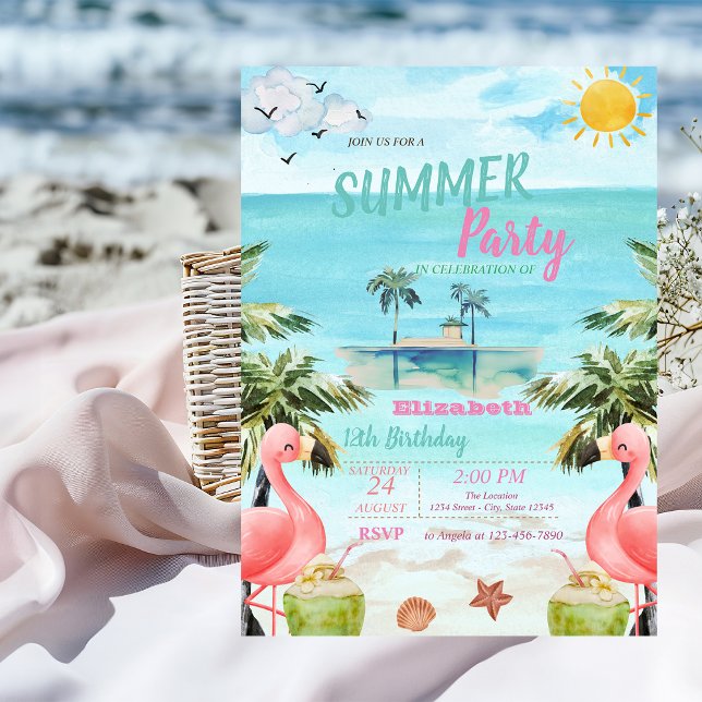 Palms Pink Flamingos,Cocktails,Island Birthday Invitation (Creator Uploaded)