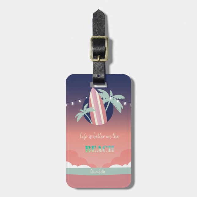 Palms,Surfboard,String Lights Beach Luggage Tag (Front Vertical)
