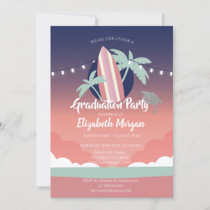 Palms Surfing Board,Glitter Grad Cap,Graduation  Invitation