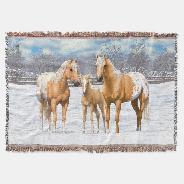 Palomino Appaloosa Horses In Snow Throw Blanket (Front)
