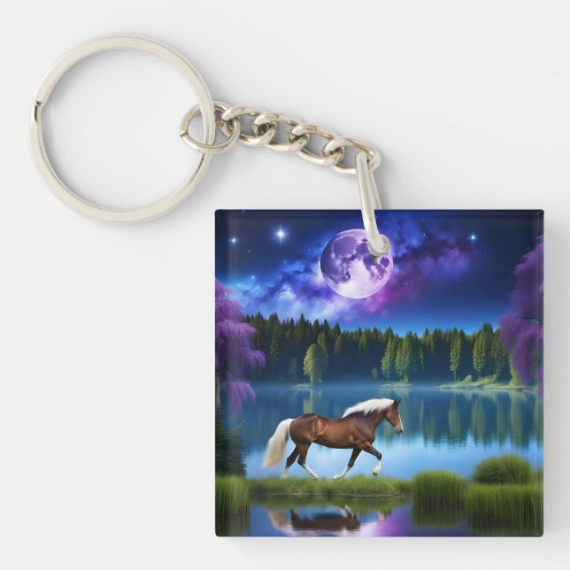 Palomino Belgian Horse under a Purple Starry Sky Key Ring (Front)