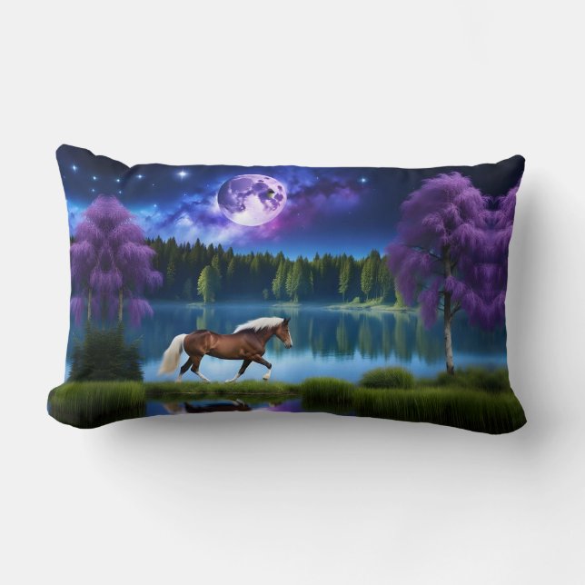 Palomino Belgian Horse under a Purple Starry Sky Lumbar Cushion (Front)