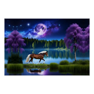 Palomino Belgian Horse under a Purple Starry Sky Poster