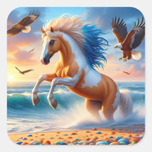 Palomino Paint Horse Ocean Square Sticker